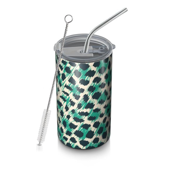 20oz Coffee Tumblers Leopard Pattern with Green and Black Spots Stainless Steel Vacuum Insulated Travel Tumbler Coffee Cups Mug with Lid and Straw with Cleaning Brush for Cold & Hot Drinks