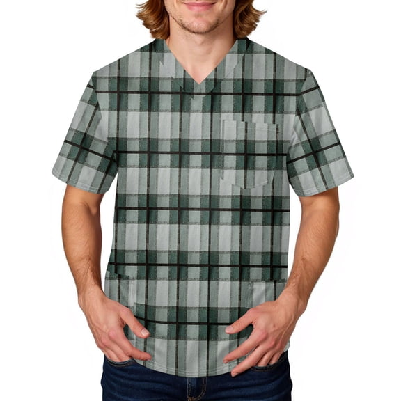 Domuza Scrub Tops Men Plaid Stripe Printed V Neck Short Sleeve Caregiver Uniform Relaxed Fit Comfy Soft Medical Scrub Tops with 3 Pockets Multicolor M