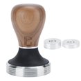 thumbnail image 1 of Prensador de café plano de acero inoxidable de 58 mm con martillo prensado y mango de madera de altura ajustable, color madera oscura., 1 of 14