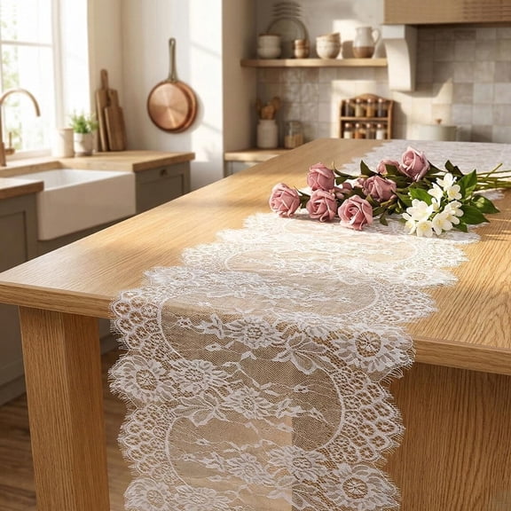 3 Pcs White Lace Table Runner, 14 x 120 Inch Boho Vintage Rustic Table Runner for Wedding, Bridal Shower, Party Table Decorations