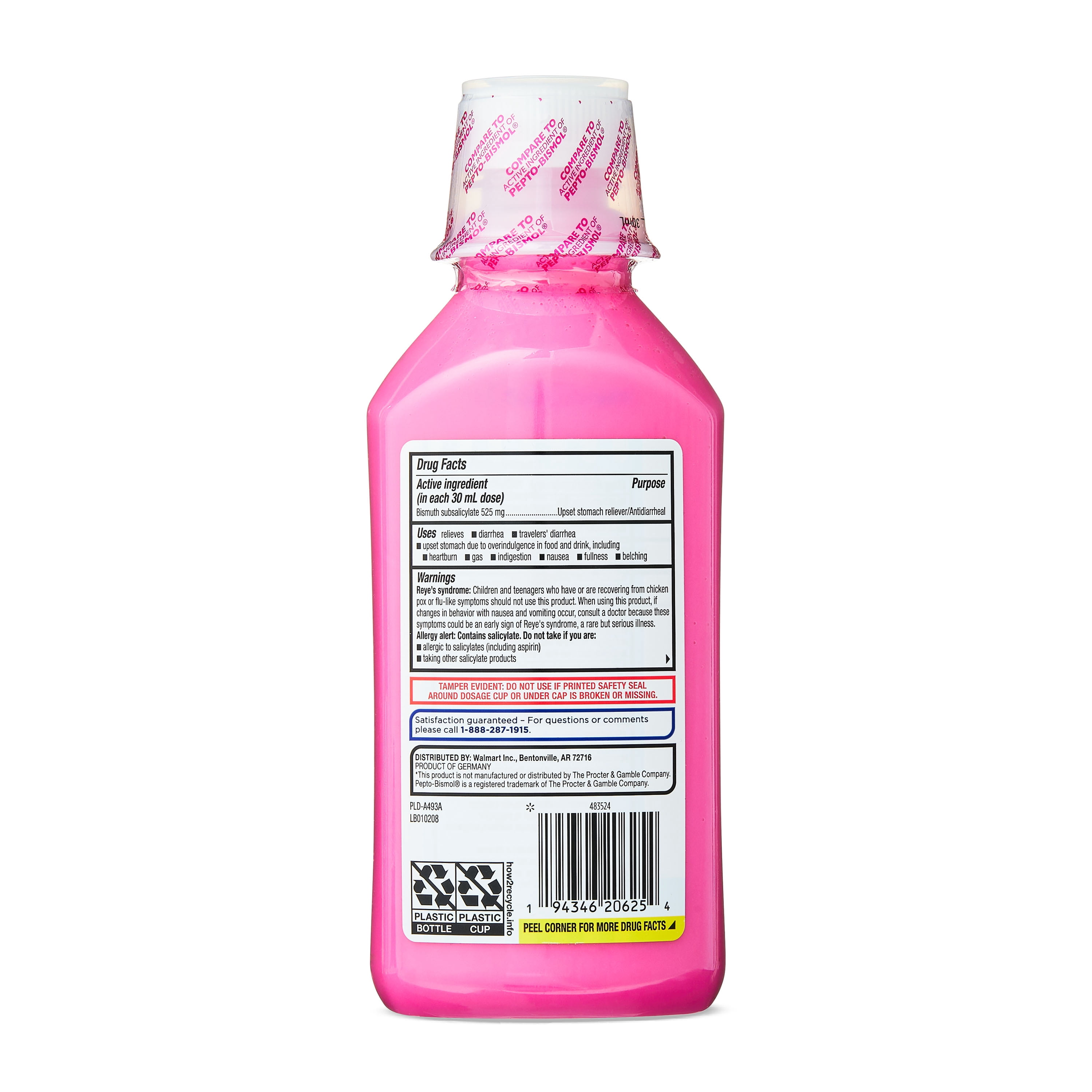 Equate Bismuth Liquid, Mulit Symptom Relief for Upset Stomach Reliever and Antidiarrheal, 525mg, Cherry flavor, 16 fl oz, Compare to Pepto-Bismol Active Ingredient