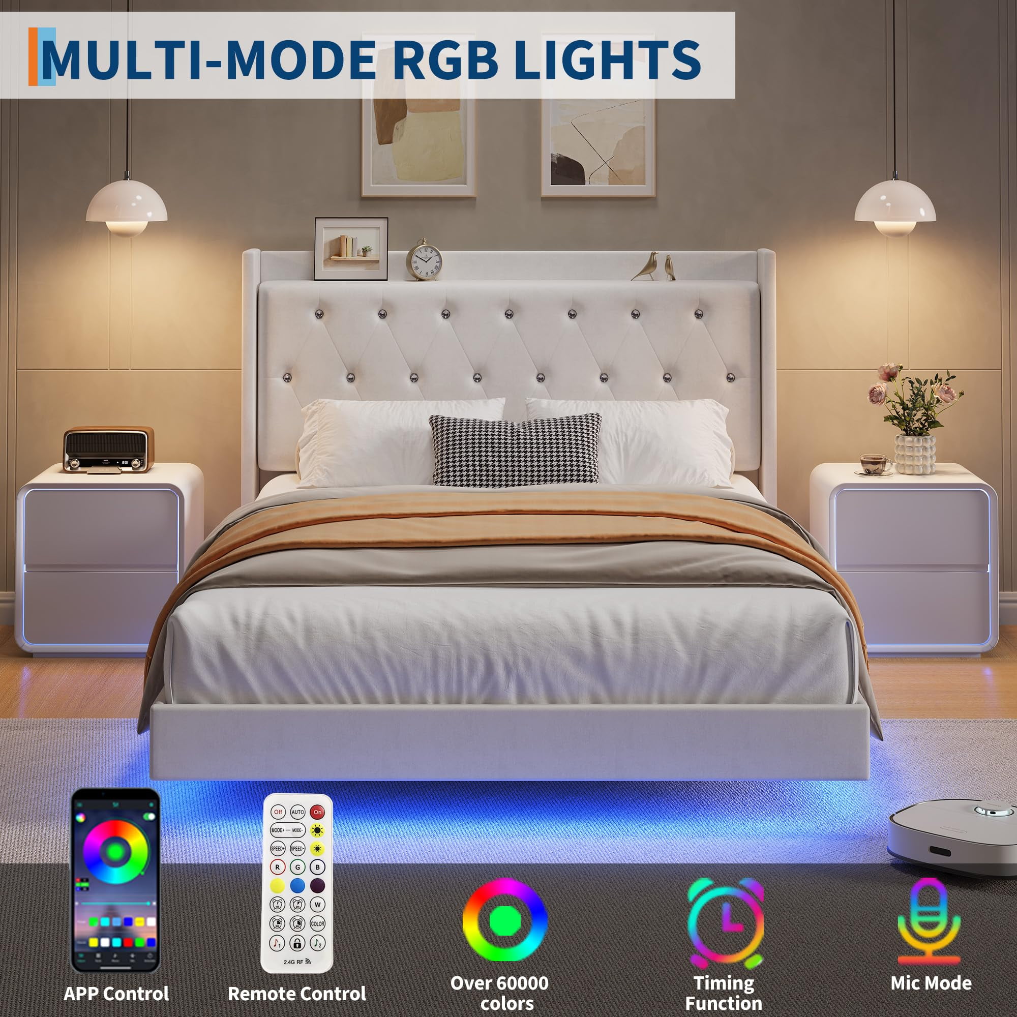 Floating Bed Frame, Queen Bed Frame, Velvet Upholstered Platform Bed with Storage Headboard, RGB LED Light, Wood Slats, Noise Free, Easy Assembly