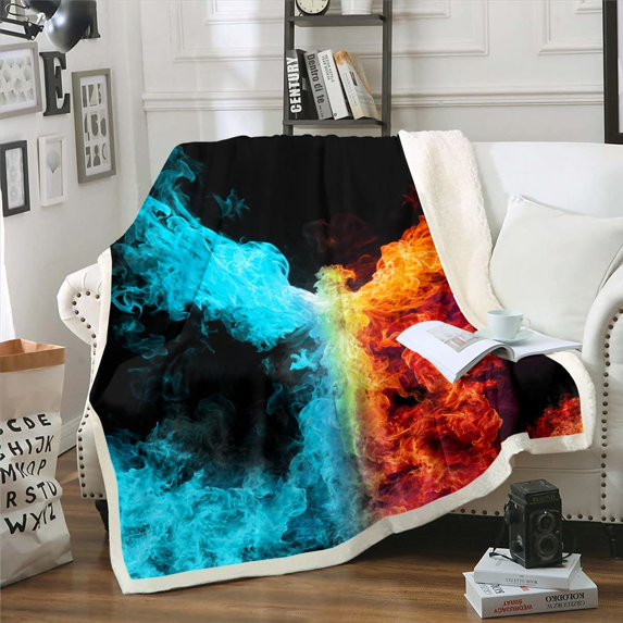 Phoenix Sherpa Blanket Throw Size,Ice Fire Phoenix Plush Blanket Kids Boys Teens Adult Flannel Blanket,Magic Bird Print Blanket Blue Gold Neon Animal Throw Blanket for Bed Couch