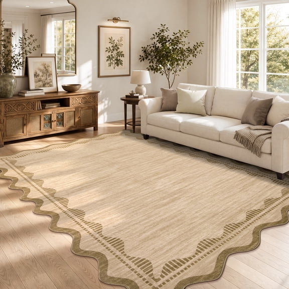 Garvee 5'x7' Scalloped Wavy Border Area Rug Neutral Washable Carpet, Non Slip Minimalist Striped Floor Rug for Living Room Bedroom Home Office, Coffee