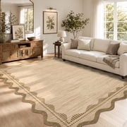 Garvee 5'x7' Scalloped Wavy Border Area Rug Neutral Washable Carpet, Non Slip Minimalist Striped Floor Rug for Living Room Bedroom Home Office, Coffee