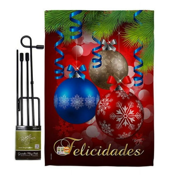 Breeze Decor BD-XM-GS-114084-IP-BO-D-IM11-BD 13 x 18.5 in. Felicidades Winter Christmas Impressions Decorative Vertical Double Sided Garden Flag Set with Banner Pole Included