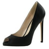 Womens Black Stiletto Heels Peep Toe Pumps Black Leather Shoes 5 Inch Heels