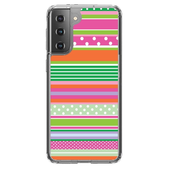 DistinctInk Clear Shockproof Hybrid Case for Galaxy S21  PLUS 5G (6.7" Screen) - TPU Bumper, Acrylic Back, Tempered Glass Screen Protector - Green Pink White Stripes Polka Dots