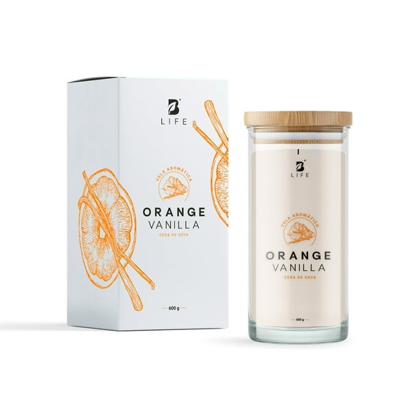 Vela De Soya Aromática B Life | 600 g | Aroma Naranja Con Vainilla | Duración 120 horas.
