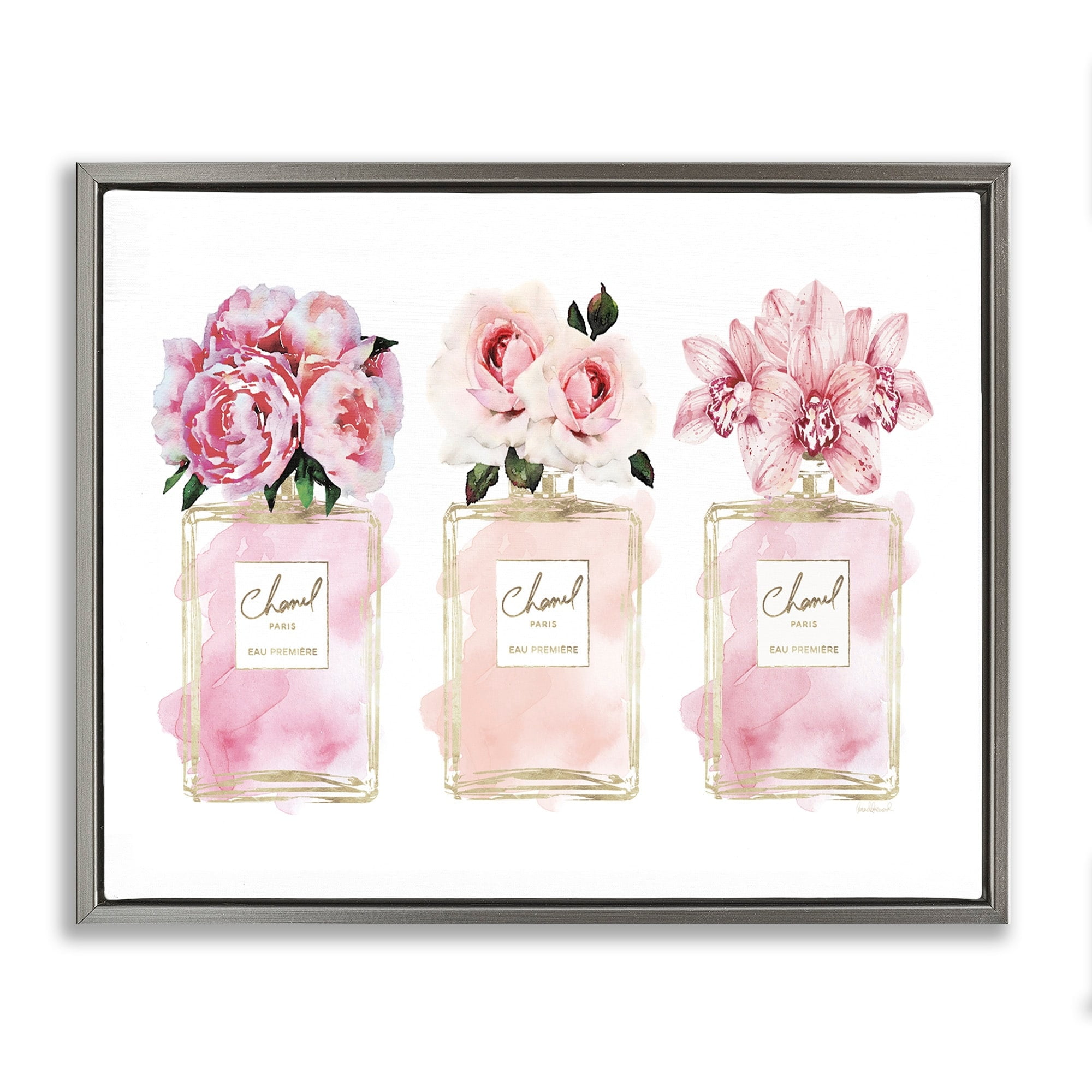 Stupell Industries Pink Flowers And Perfumes Glam Fashion Watercolor Design Luster Gray Framed Floating Canvas Wall Art, 16x20, by Amanda Greenwood