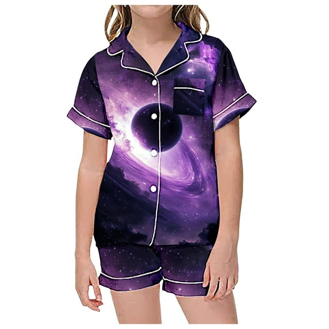MIASHUI Kids Girls Pajama Set Print Button-Down Sleepwear Loungewear Clothes Set,Purple,12-13 Years