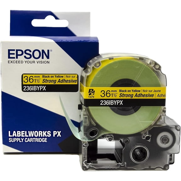 Epson LABELWORKS 236IBYPX - Black on Yellow Strong Adhesive PET Label Maker Tape - 1.5" (36MM) Wide, 30'