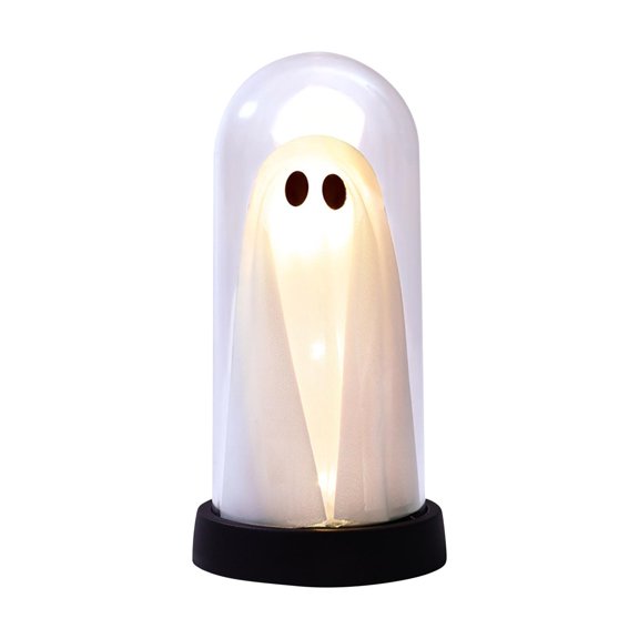 Ghost Night Light,Ghost Table Lamp,Light Up Ghost in Glass Cloche with Timer, Cute Ghost Light with Wood Base,Halloween Light up Ghost Statue Night Light Home Decor(1pc 7.4in)