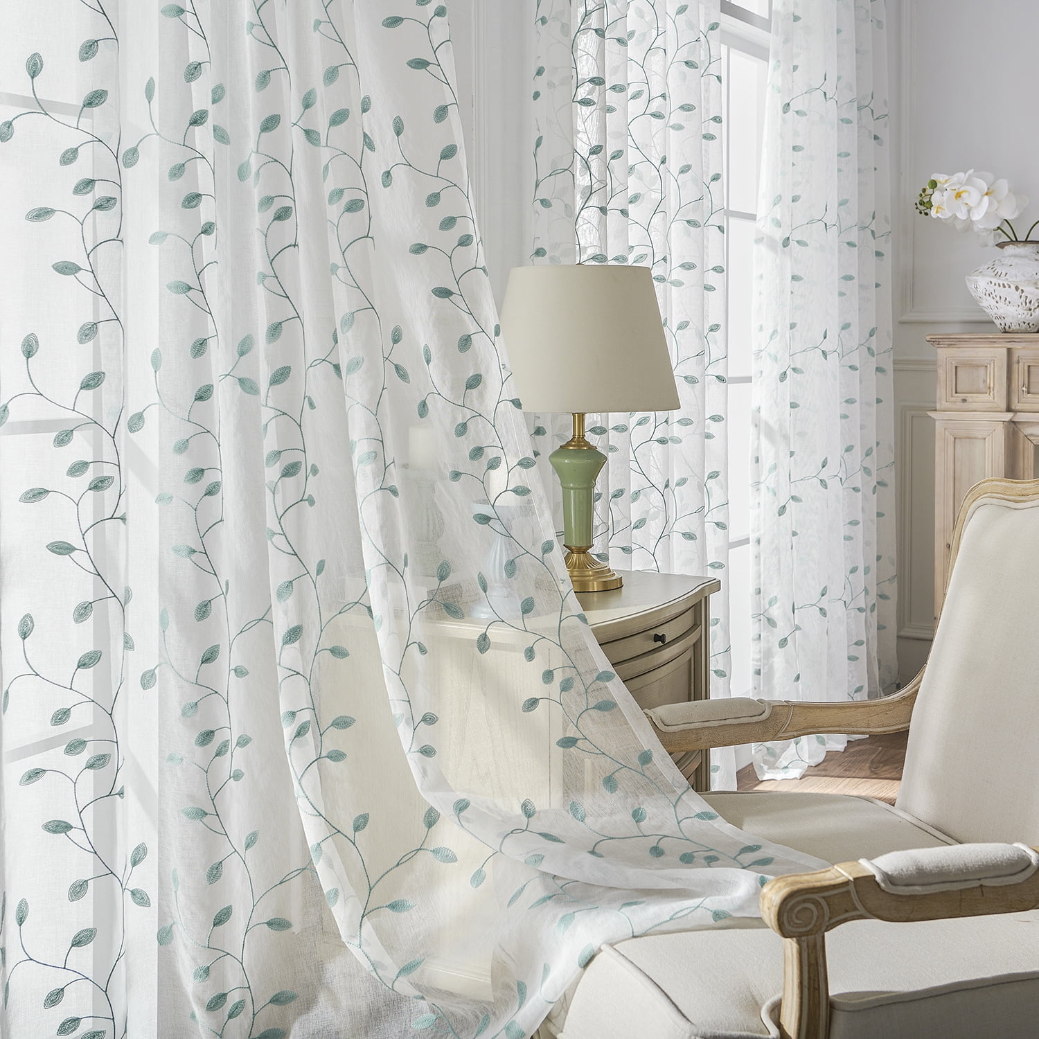 Sunyuer Leaves Short Sheer Curtains Teal Blue Leaf Embroidery Curtain Rod Pocket Voile Faux Linen Embroidered Leaves Curtains for Bedroom Living Room, 52W X 72L inch, Set of 2 Panels, Teal Blue