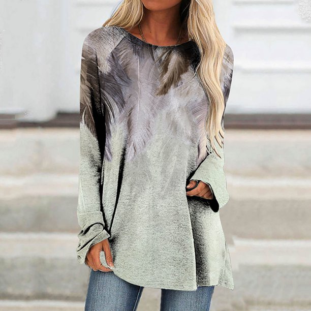 Puntoco, camisas informales de manga larga para mujer, jersey de cuello redondo con estampado de plumas, tops sueltos Puntoco Puntoco-1465