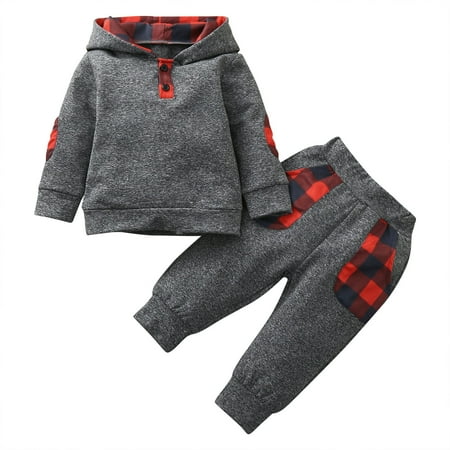 

Honeeladyy Newborn Baby Long Sleeve Plaid Printed Hoodie Sweatshirt Top+Long Pants Set Gray