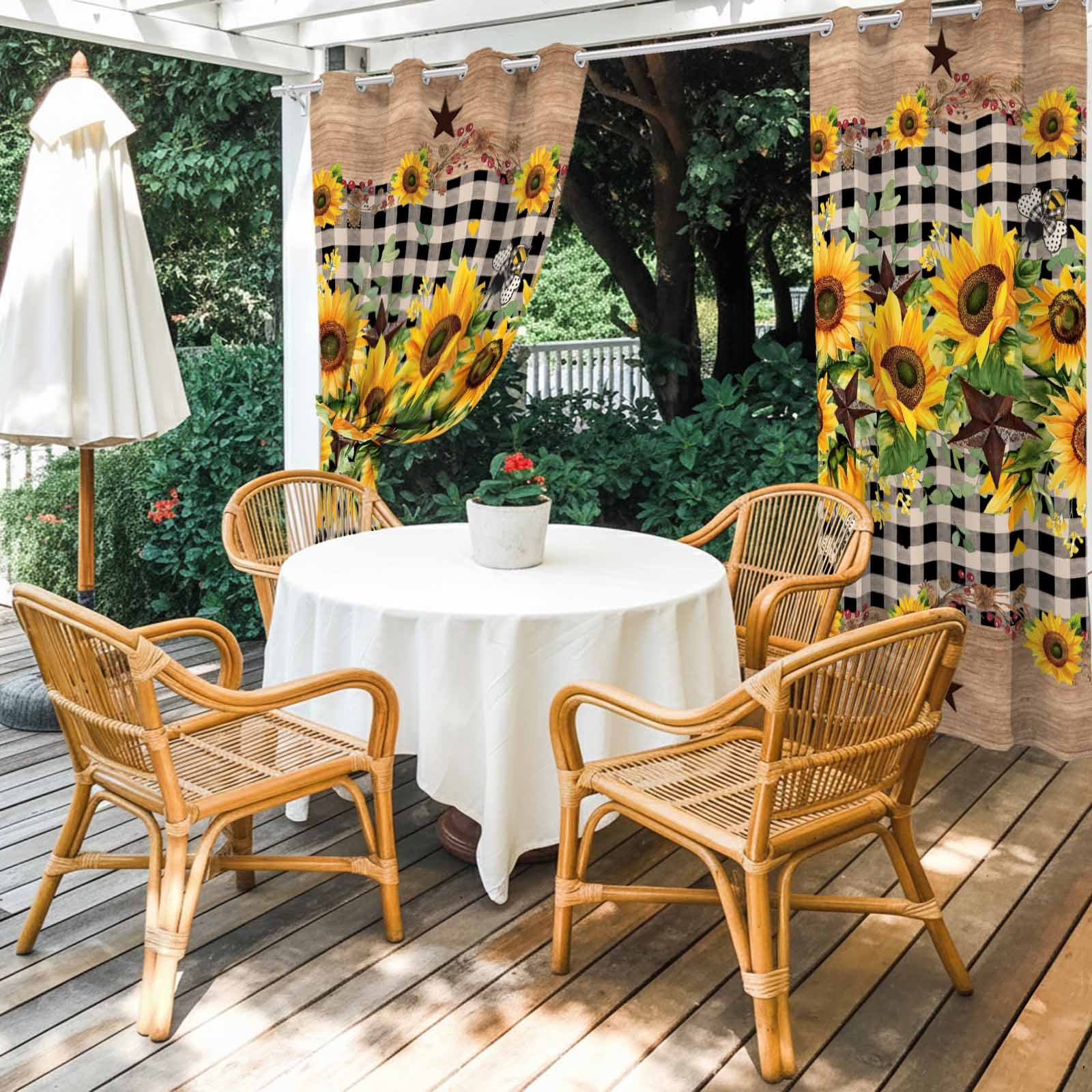 Outdoor Curtains for Patio Waterproof, Spring Sunflower Windproof Pravicy Outside Porch Blackout Curtain, Checkered Star Farmhouse Retro Sun Blocking Grommets Curtains for Cabana Gazebo 54"x108"