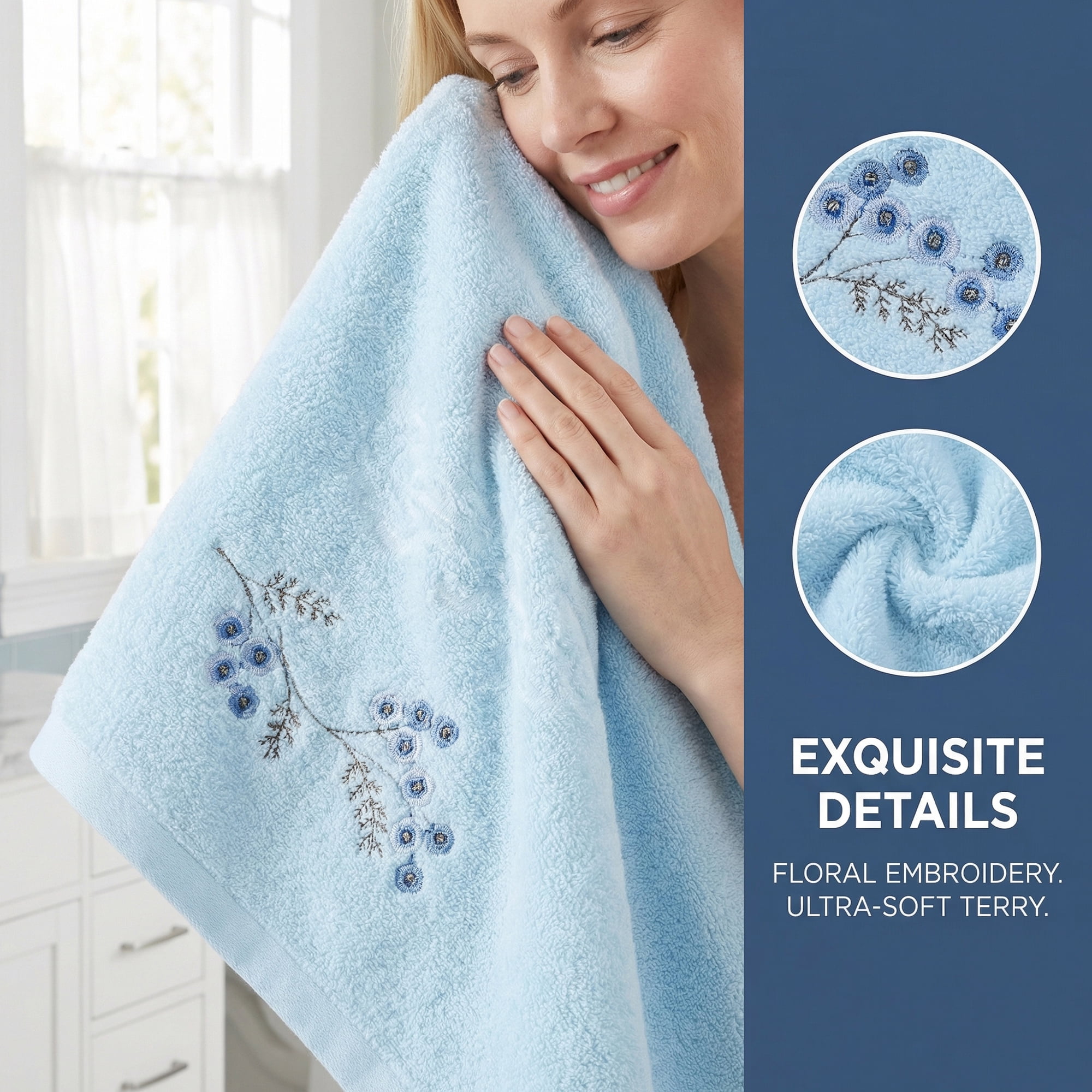Unique Bargains Soft Absorbent Floral Cotton Hand Towels Blue 29" x 13"