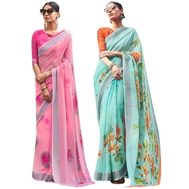 Pack of Two Saree for Women Printed Cotton Silk Indian Wedding Sari | Diwali Gift Ethnic Sarees Combo