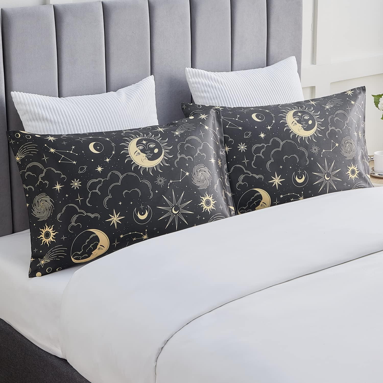 Satin Pillowcase for Hair and Skin Queen - Black Printed Silk Pillow Cases 2 Pack 20x30 inches Set of with Envelope Closure, Gifts Women Men