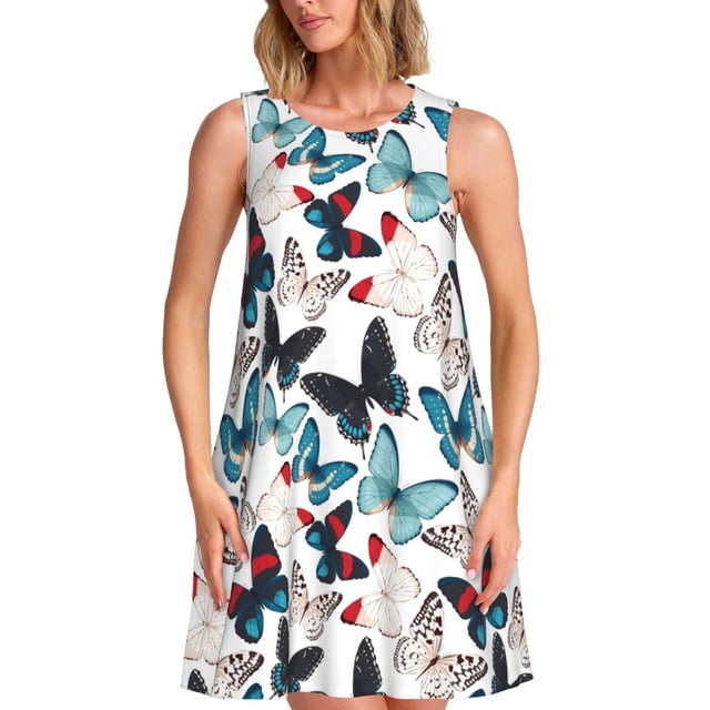 Easygdp Butterfly para Vestido Transpirable de Mujer, Vestido Suelto de Manga Corta con Pliegues y Bolsillos para el Verano