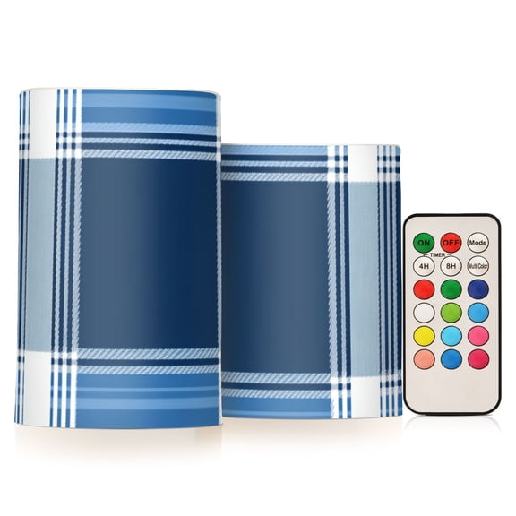 Wide Plaids Navy Blue Flickering Flameless Candles LED Tealight Battery Operated with Remote Set of 2 Holiday Decor Ornaments