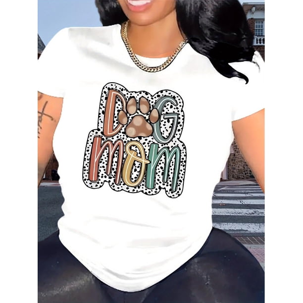 Dog Mom Paw Print Graphic T-Shirt for Women, Casual Crew Neck Short Sleeve Top, Polyester Blend Knit Fabric, Medium Stretch, All Season Wear - Comfortable Fashion Tee with Alphabet Pattern