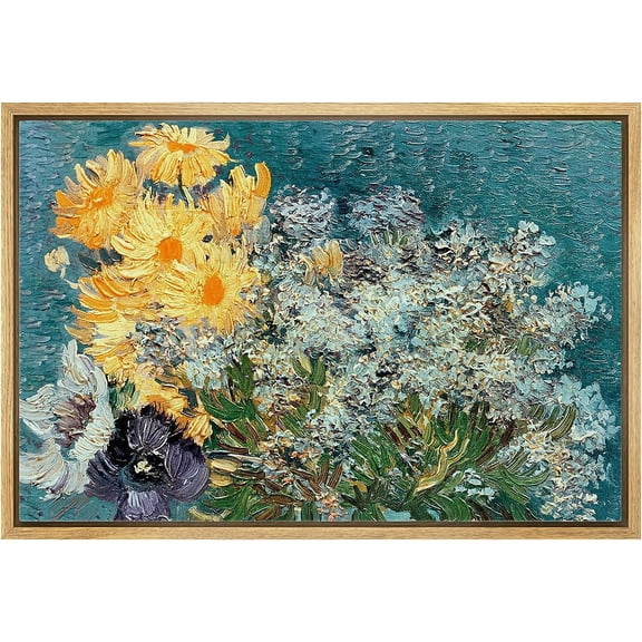 PixonSign Framed Canvas Print Wall Art Flower Bouquet by Vincent Van Gogh Nature Wilderness Illustrations Modern Art Decorative Floral Botanical Minimal Calm/Relax/Cozy Fine Art - 16"x24" Natural