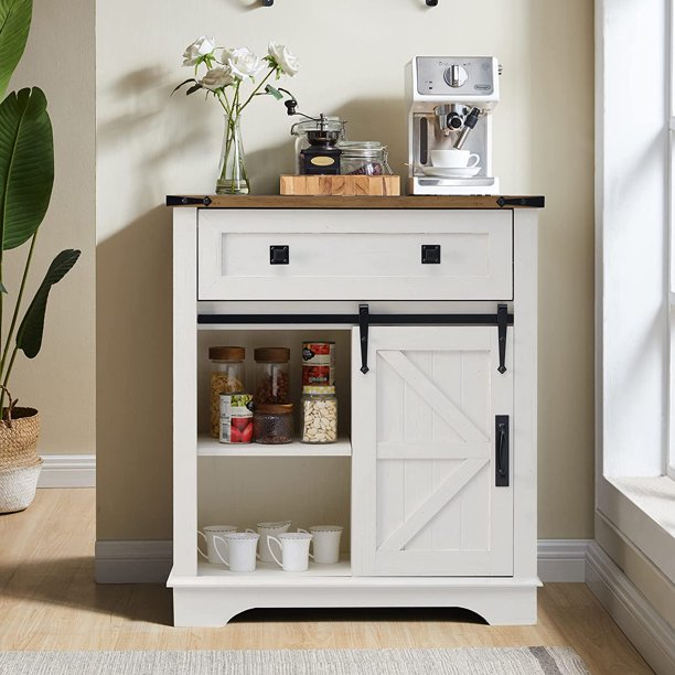 Farmhouse Coffee Bar, 32 Inch Buffet Sideboard with Sliding Barn Door