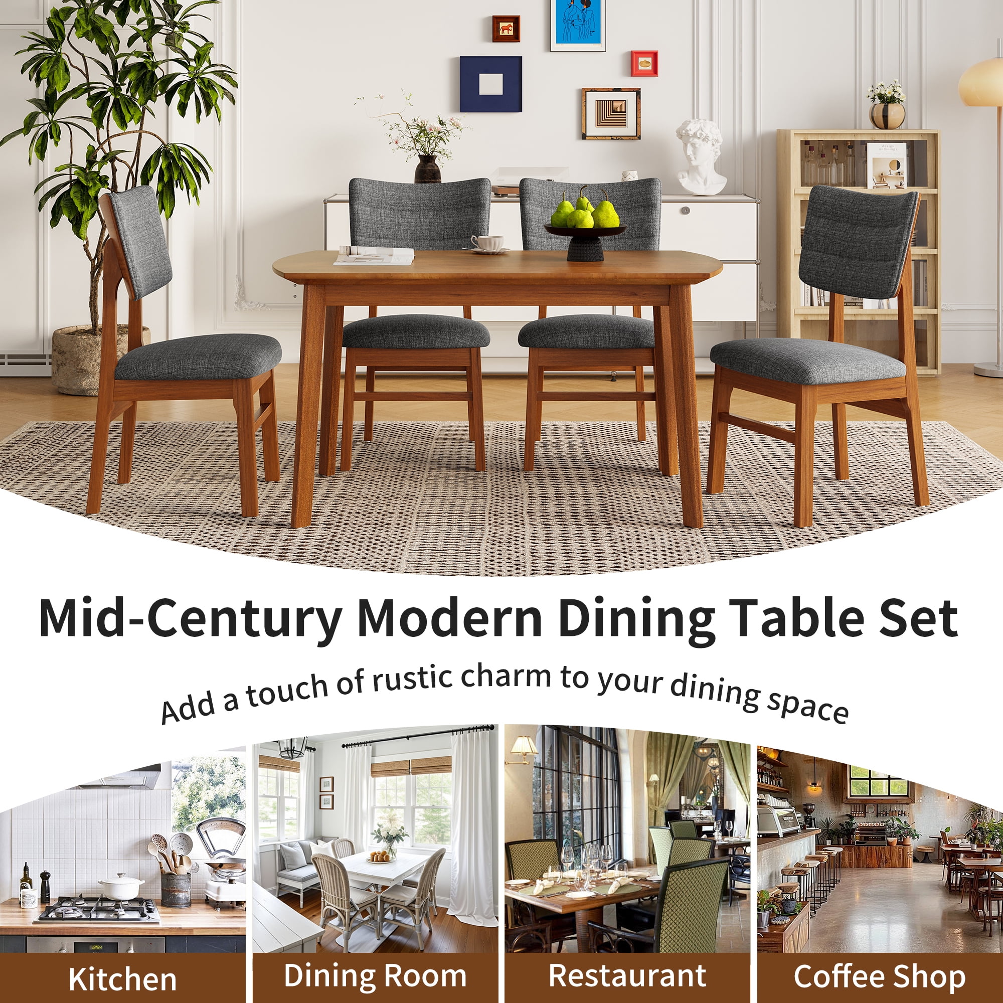EUROCO 5-Piece Solid Wood Dining Table Set for 4,Farmhouse Modern Kitchen Table & 4 Chairs Set for Home,Kitchen, Apartment,Space-Saving,Brown