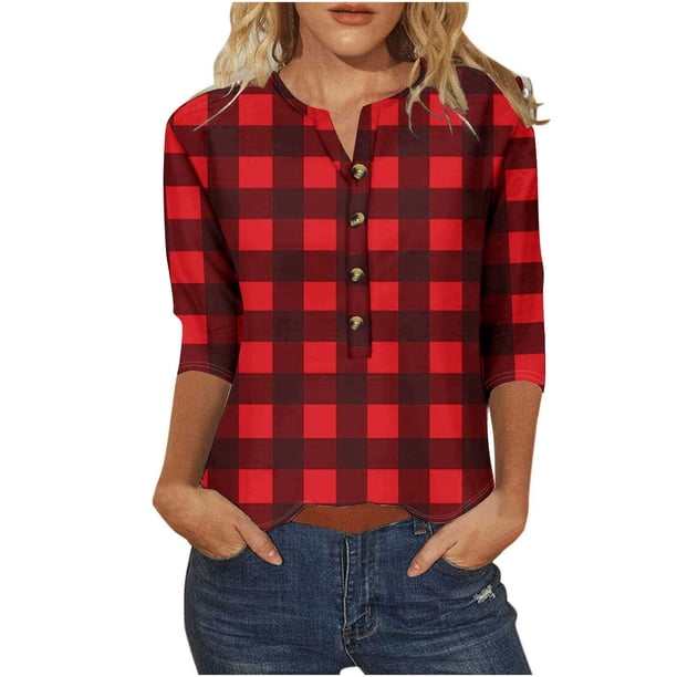 3/4 Manga Superior Impresa Botón Suelto Cuello Redondo Camiseta, Tops Sueltos para las Mujeres