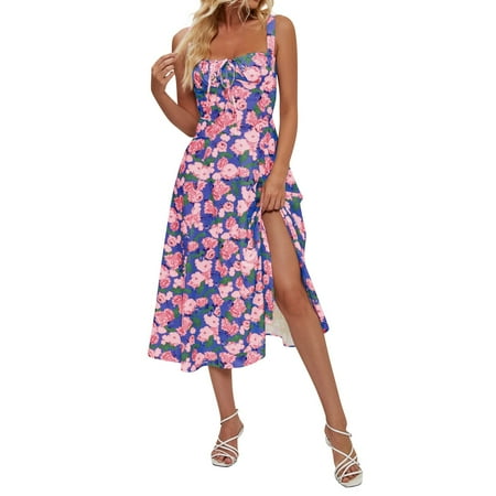 Kddylitq Summer Dresses for Women 2024 Floral Boho Corset Midi Dresses Square Neck Sleeveless Flowy Side Slit Sundress Navy M
