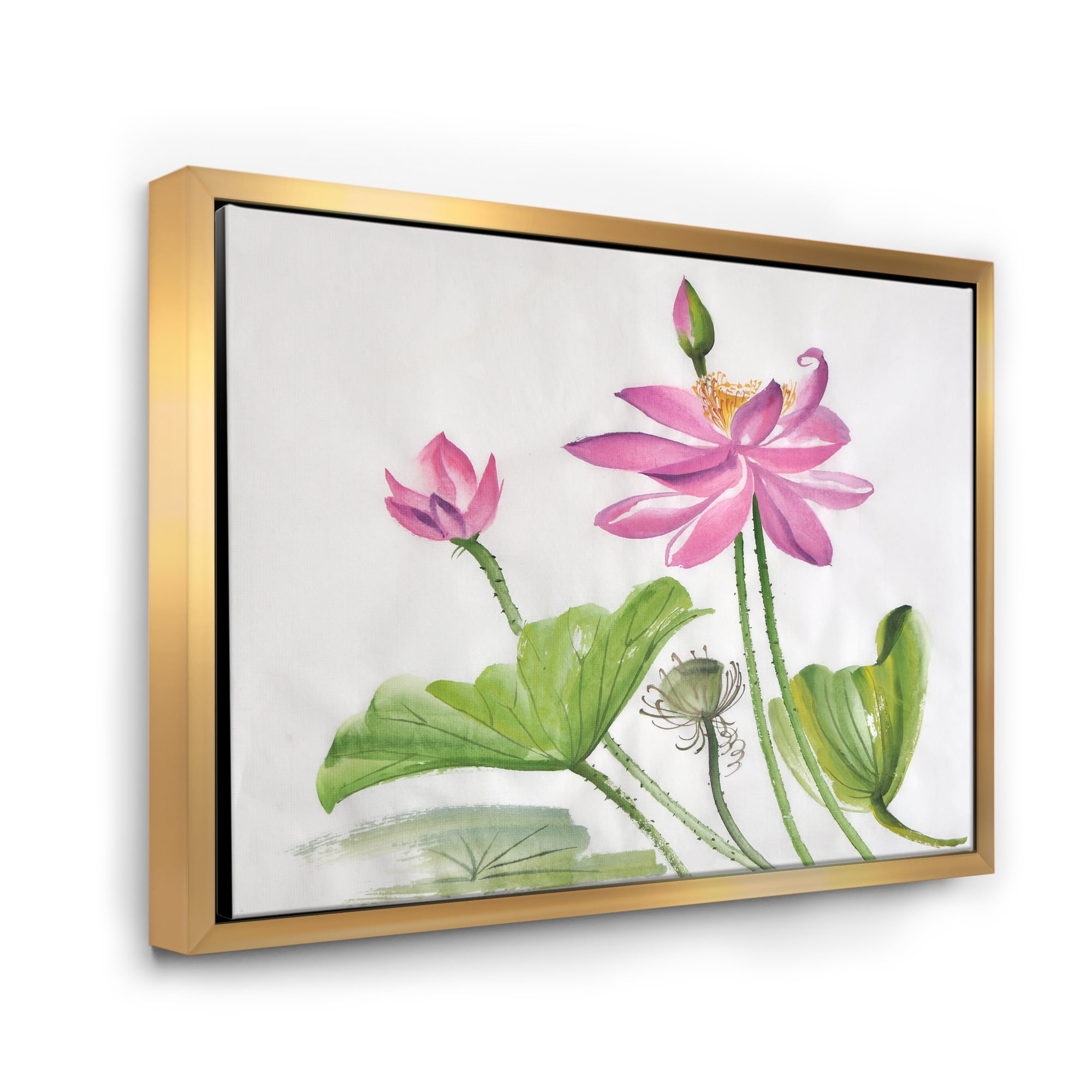 Two Pink Lotus Flowers With Green Leaves 32 in x 16 in Framed Painting Canvas Art Print, by Designart