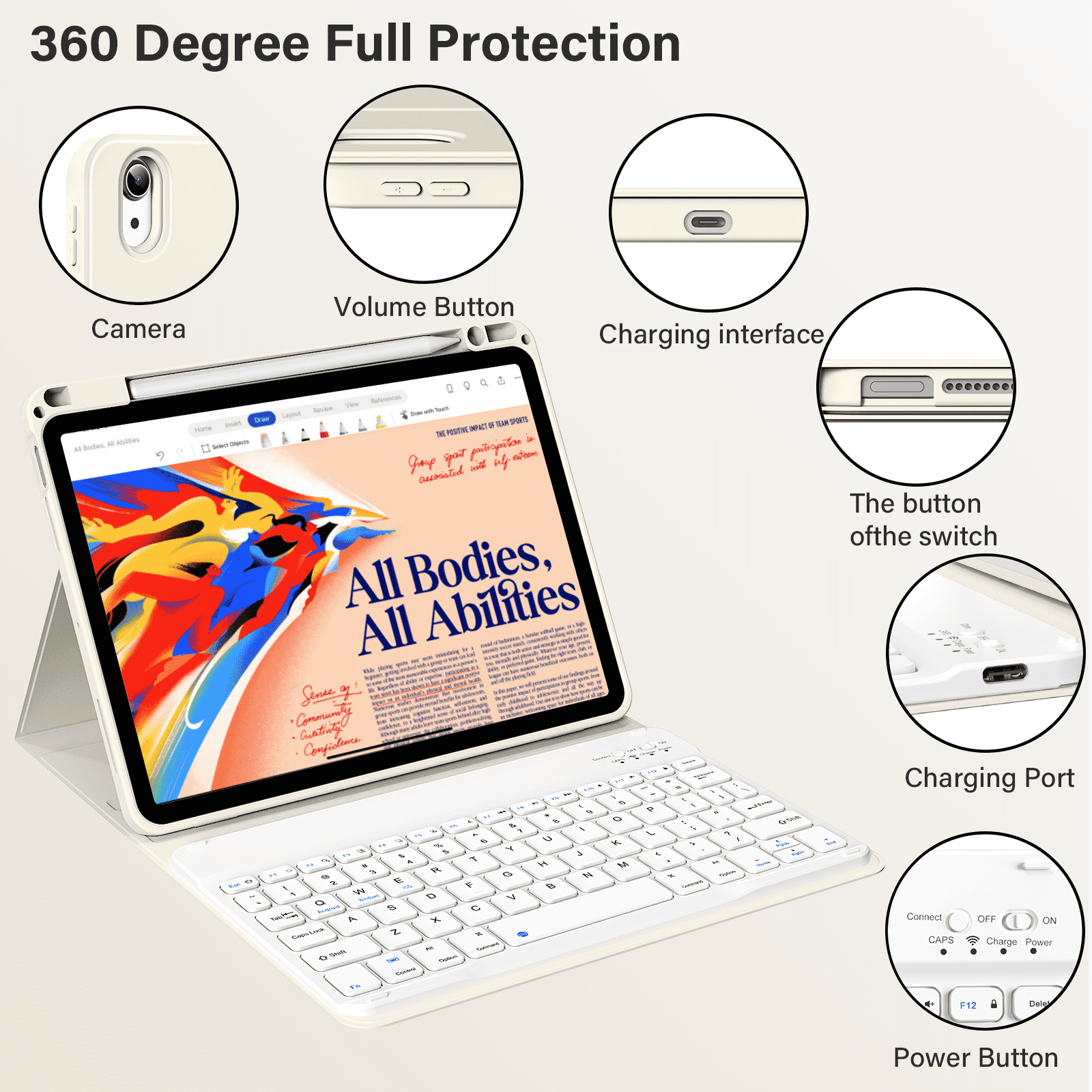 Kenke Keyboard Case iPad Air 11 Inch M4/M3/M2 (2026/2025/2024), iPad Air 5/4th Gen (2022/2020) 10.9 Inch, Detachable Bluetooth Keyboard Rechargeable with Right Side Pencil Holder & Groove,Cream White