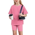 thumbnail image 6 of Spazoro Little & Big Girls Leisure Outfit Sets, 2-Pieces Summer Crew Neck Solid Color Short Sleeve Shirt and Shorts Sets Hot Pink Size 6 T, 6 of 9