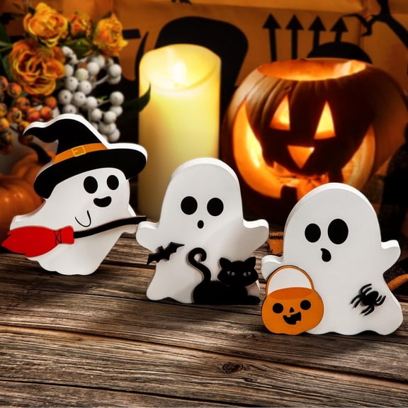 TETOU Cute Ghost Halloween Decorations for Indoor,Wooden Tiered Tray Decor Table Sign with Black Cat Bat Witch Broom Signs Pumpkin Blocks - Ghost Decor for Indoor Outdoor Party Table Shelf(Style-A)