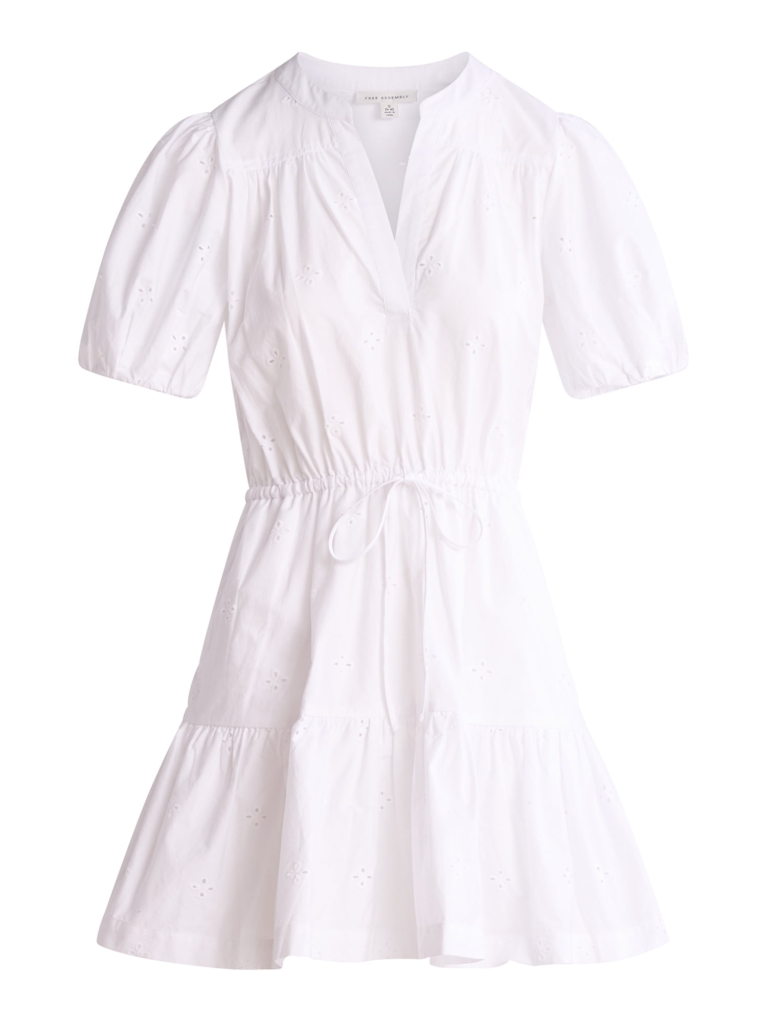 Free Assembly Women's and Women's Plus Cotton Eyelet Tiered Mini Dress with Puff Sleeves, Sizes XS-4X