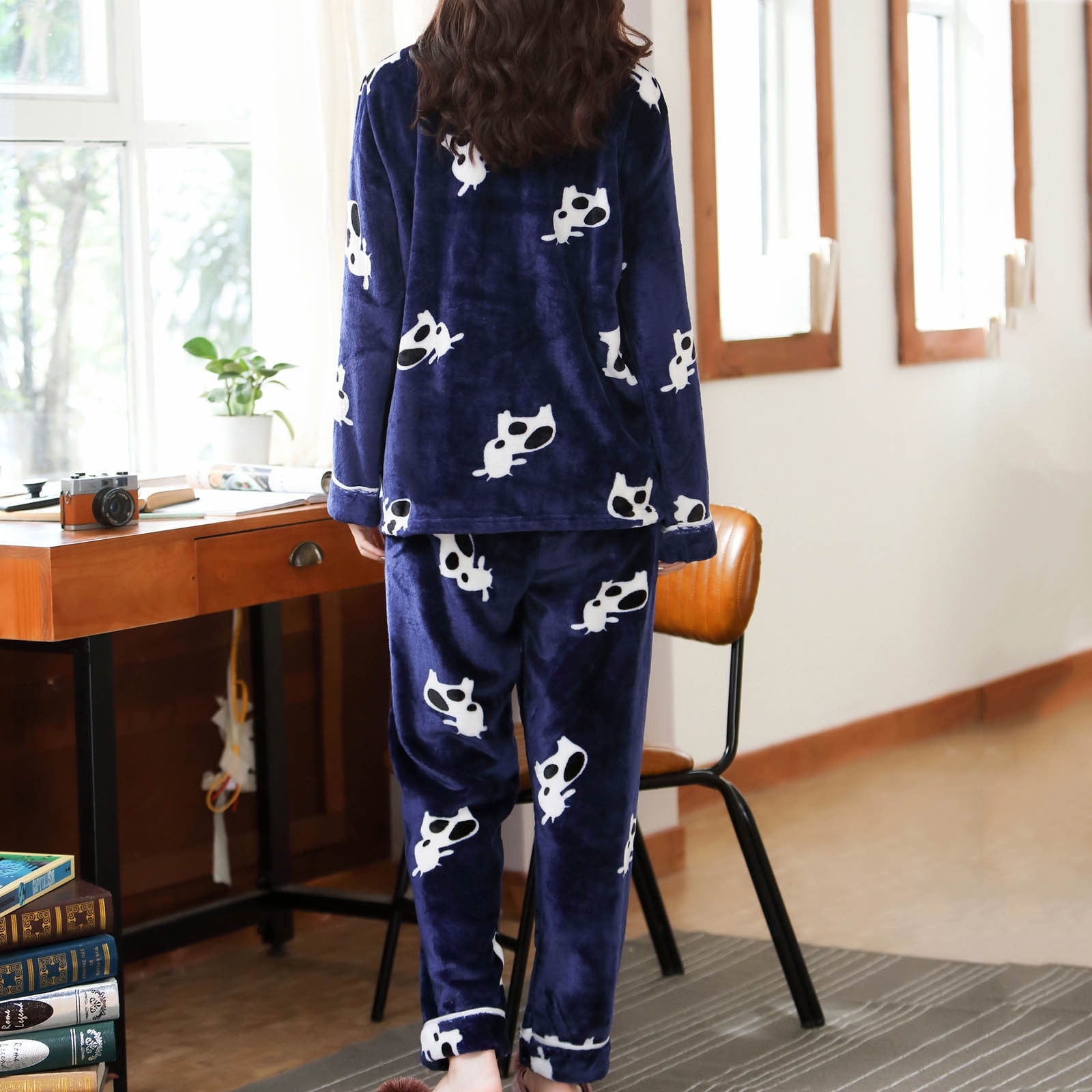 Teissuly Pyjamas pour Femmes Mode Flanelle Imprimé Poche Manches