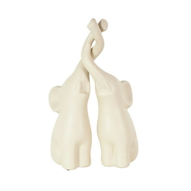 5"W, 13"H Cream Ceramic Elephant Sculpture with Raised Trunks, by DecMode (2 Count)