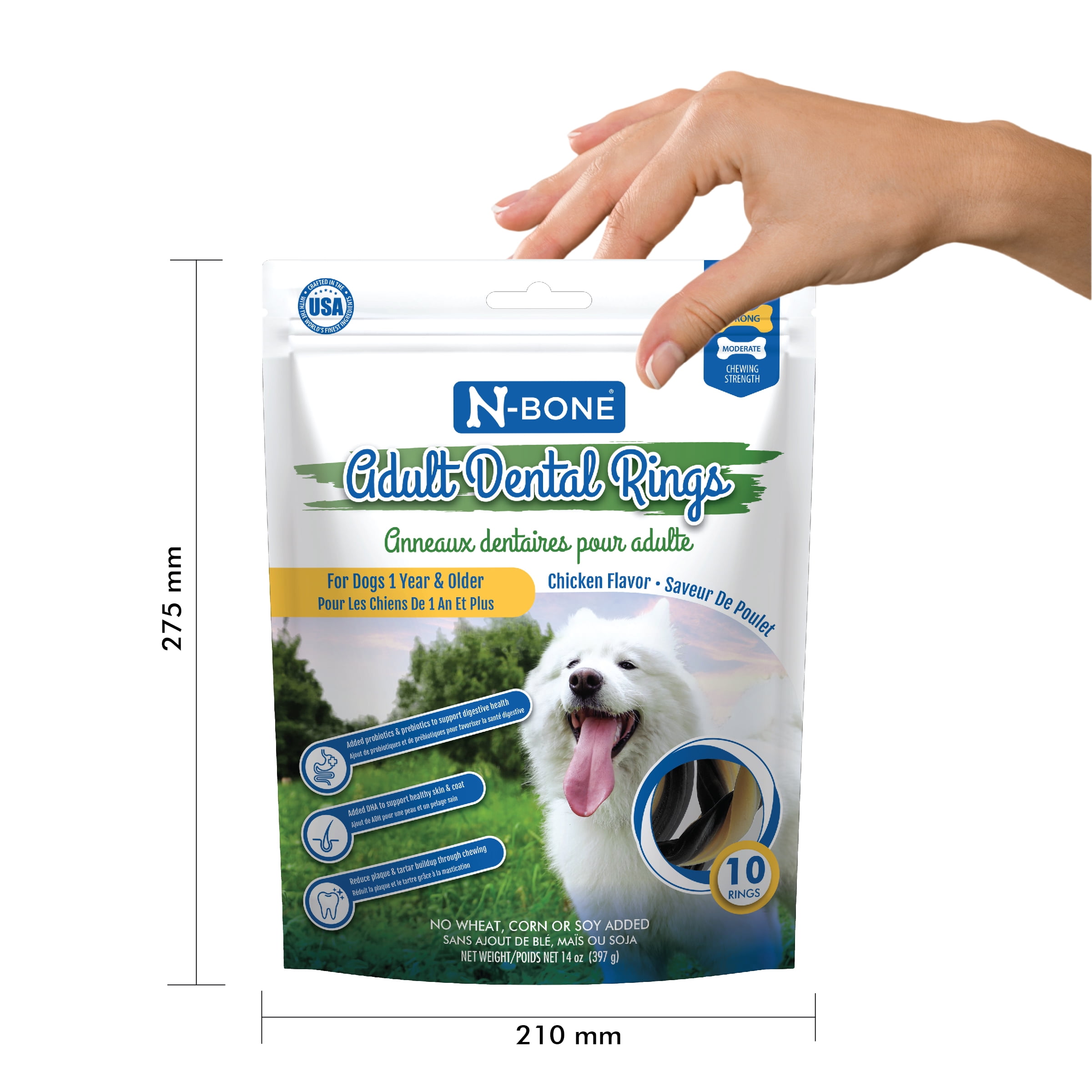 (4 pack) N-Bone® Adult Dental Rings, Dried Dental Chews with DHA and Natural Herbs for Dogs, Chicken Flavor, 10 Rings, 14oz, Dual Action Dental Treats with Breath Freshening and Oral Health Benefits