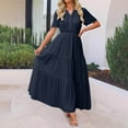 thumbnail image 2 of SMihono Women's Summer V Neck Maxi Dress Short Sleeve Pleated Solid High Waist A Line Tiered Flowy Swing Boho Vacation Dresses Navy XXL, 2 of 7