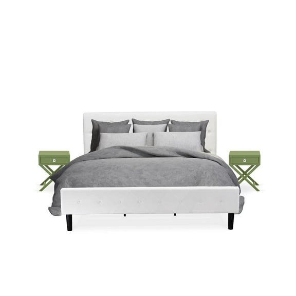 East West Furniture Nolan 3 Pieces Wood King Bedroom Set in White/Clover Green