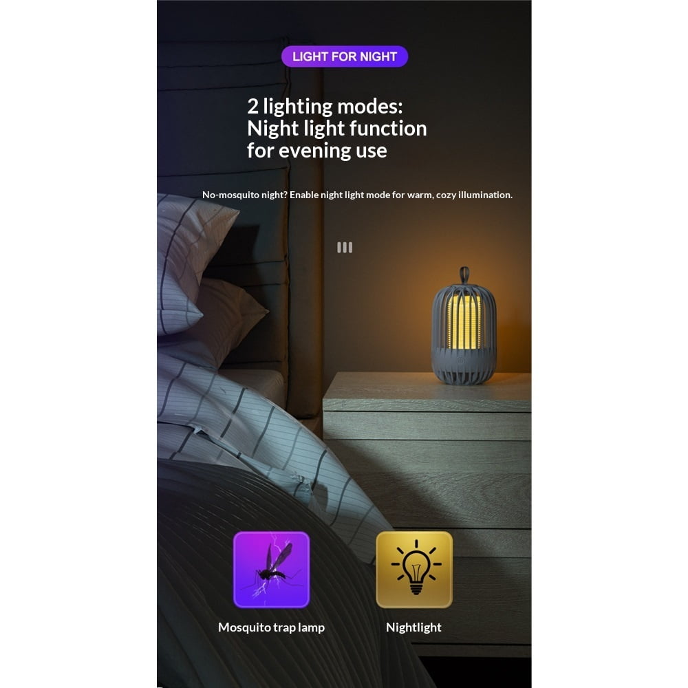 2 in 1 Bug Zapper Indoor Electronic Mosquito Zapper USB Rechargeable Mosquito Trap, Outdoor Fruit Flies Killer Indoor LED Lantern, Gray