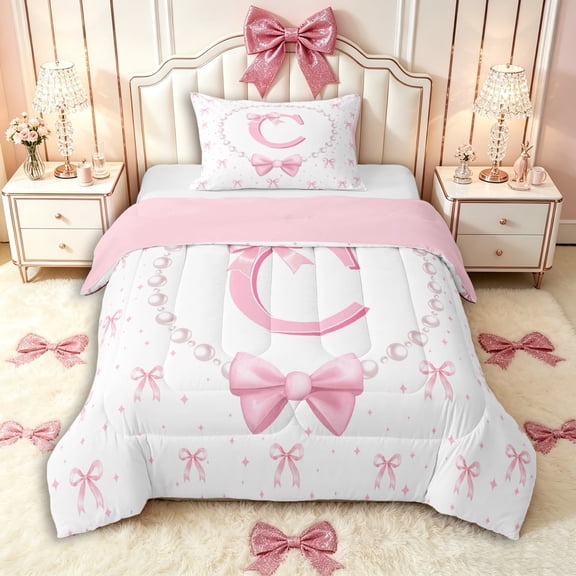 Manfei Pink C Personalized Initial Twin Comforter Sets 3-Piece for Kids Girls,Cute Bow Tie Bling Pearl Print Bedding Set for Teens Women,Pink Reversible,Ultra Soft Home Decor