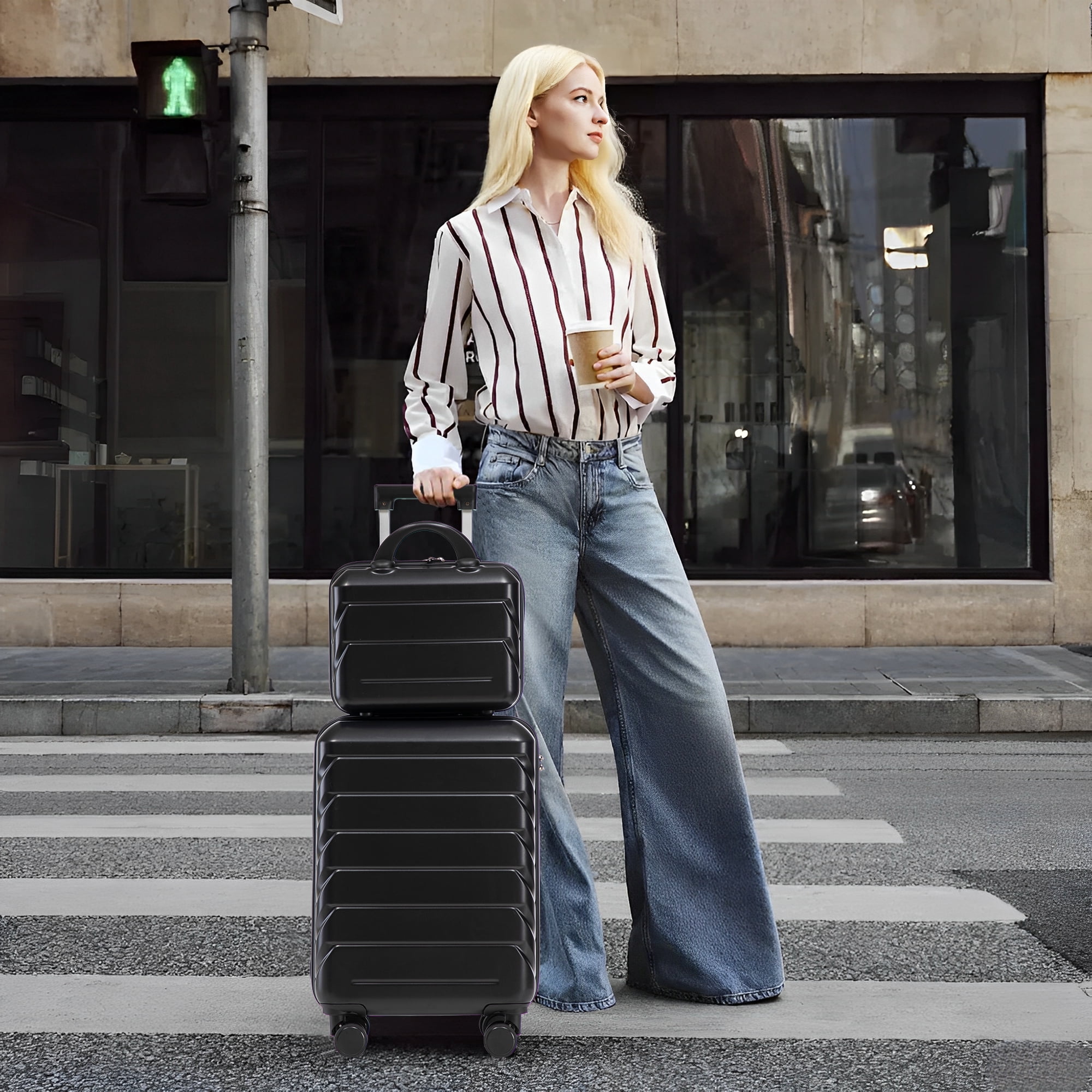 2 Piece in ABS Spinner Wheel Luggage Sets, Hardside Suitcase with Combination Lock,20 inch Carry On Luggage 14 inch Cosmetic Case