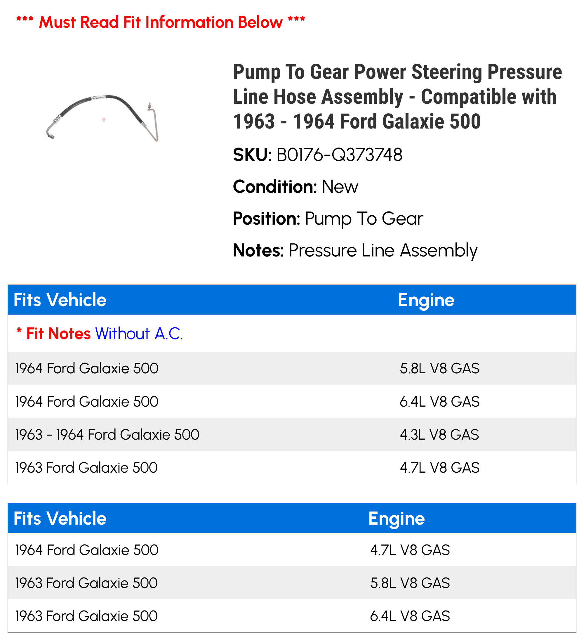 Pump To Gear Power Steering Pressure Line Hose Assembly - Compatible with 1963 - 1964 Ford Galaxie 500