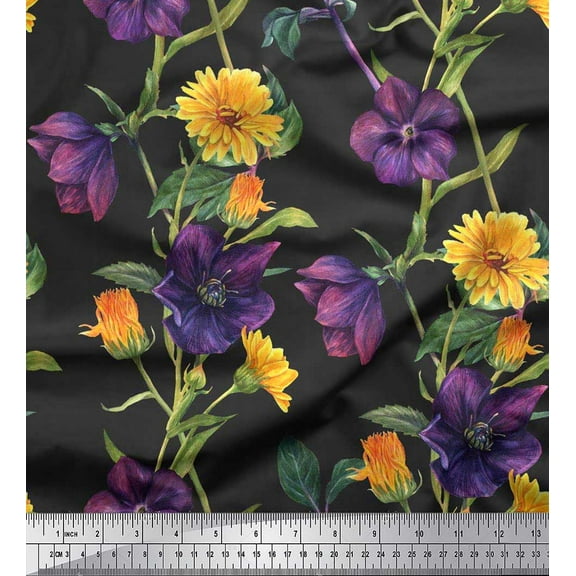 Soimoi Cotton Duck Fabric Purple & Yellow Flower Floral Printed Craft Fabric by the Yard 42 Inch Wide