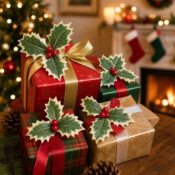 10 Pcs Artificial Holly Berries, 5.12 inch Faux Berries Holly Leaves, Fake Berries with Green Leaves Christmas Tree Wreath Decor and Gift Box Warp
