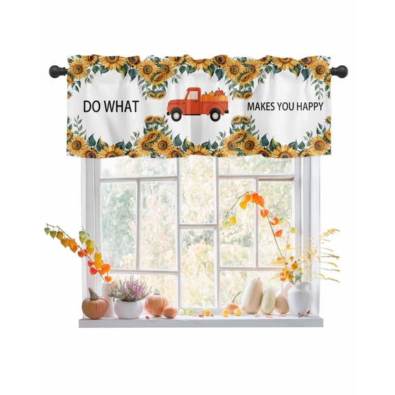 Valances for Windows, Do What Makes You Happy Fall Harvest Truck Sunflowers Leaf Rod Pocket Short Window Valance Curtains Holiday Window Treatment for Kitchen Living Room Bathroom, 42"x18"