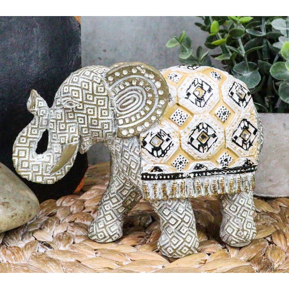 Ebros Silver Geometric Elephant Statue W/ Unique Tapestry Blanket Design 6.25" L